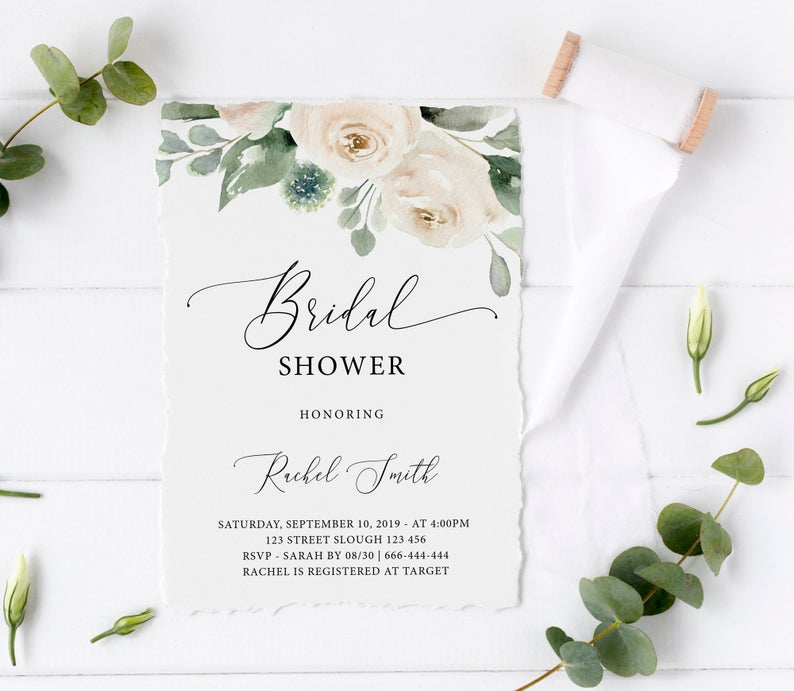 Bridal Shower Invitation, Greenery invitation, Bridal Shower Invitation, Greenery White flowers Invitation, Editable Template, Corjl, GW01