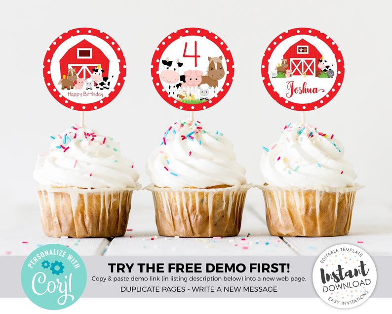 Farm cupcake toppers, farm party, barnyard cupcake toppers, editable cupcake toppers, girl farm birthday, corjl cupcake, farm birthday