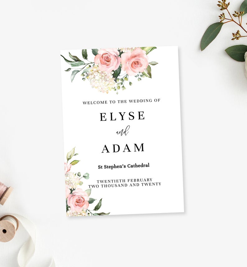 Single Fold Printable Blush Floral Wedding Program Template – Wedding Service Program – Order of Ceremony – DIY Wedding Stationery – Darcy