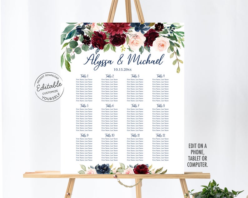 EDITABLE Wedding Seating Chart Burgundy & Navy Floral Seating Chart Fall Merlot Rustic Floral Digital Printable Instant Download Corjl B132