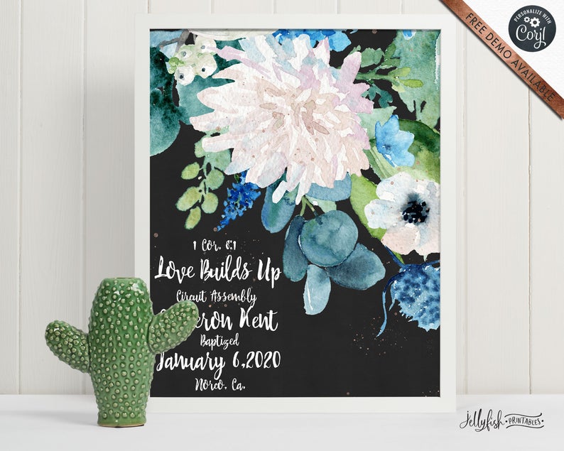Watercolor Floral Baptism Print for Jehovah’s Witnesses. Personalize It Yourself. FREE Demo Link Below. Try It Now. It’s easy. CORJL | JW |