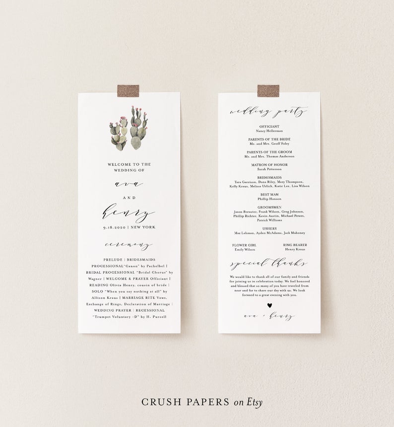 Cactus Wedding Program Template, Printable Desert Order of Service, Succulent, 100% Editable Text, INSTANT DOWNLOAD, Corjl #012-208WP