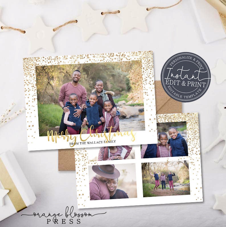 Gold Glitter Photo Christmas Card, Shimmer Sparkle Holiday Card, Faux Foil, Elegant, Digital or Printed, Instant Edit & Download
