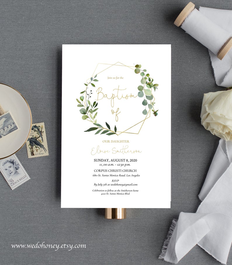 Greenery Gold Baptism Invitation, Green, First Holy Communion, Editable Template with Corjl, DIY Instant Download