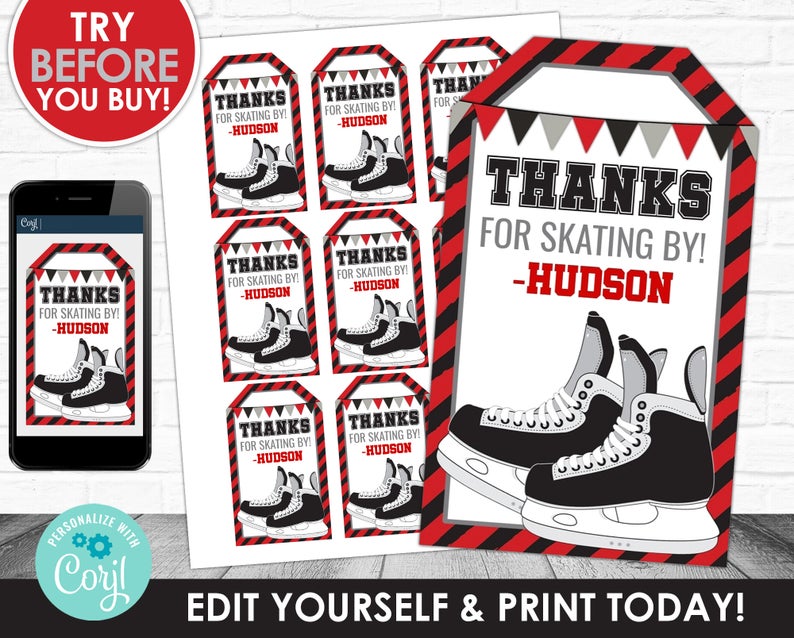 Skating Thank You Tag, Ice Skates Favor Tag, Hockey Birthday, Skating Birthday Favor Tag, Editable Favor, Corjl S0037 (PDF File only)