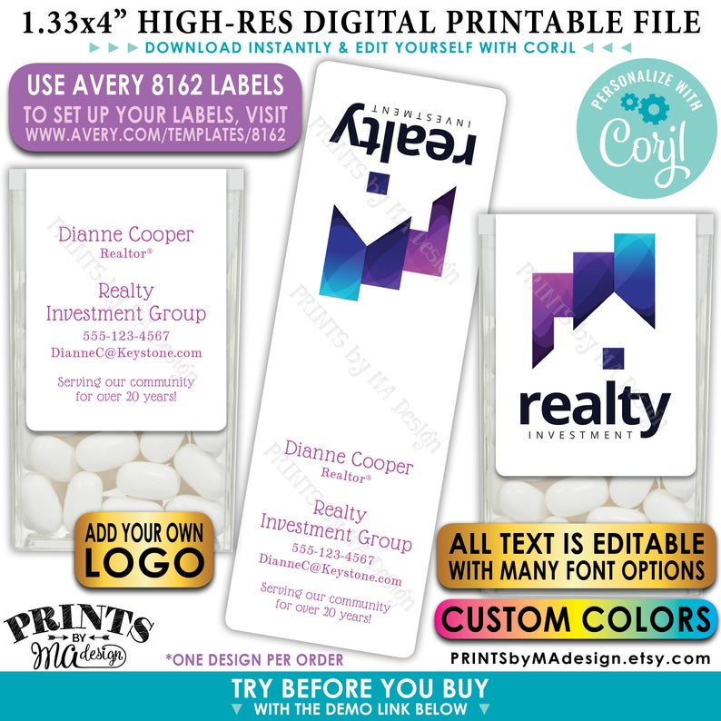 Realtor Tic Tac Labels, Custom Real Estate Stickers with your own Logo/Graphic, One PRINTABLE Avery 8162 Label