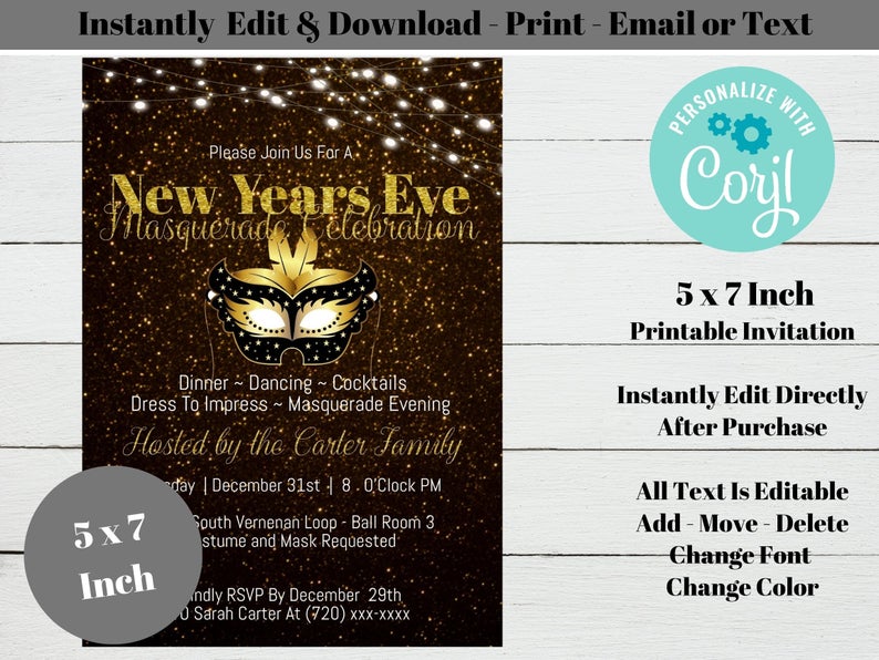 New Years Eve Party Invitation Printable New Years Eve Party Invitations New Years Eve Instantly Edit online in Corjl No Waiting – EDIT NOW!