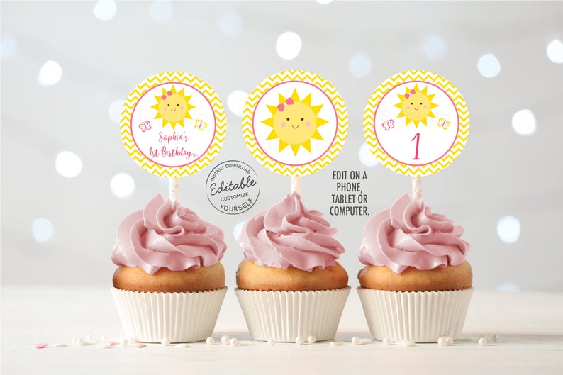 EDITABLE Sunshine Birthday Cupcake Toppers Sunshine Party You Are My Sunshine First Birthday Digital Printable Instant Download Corjl A220