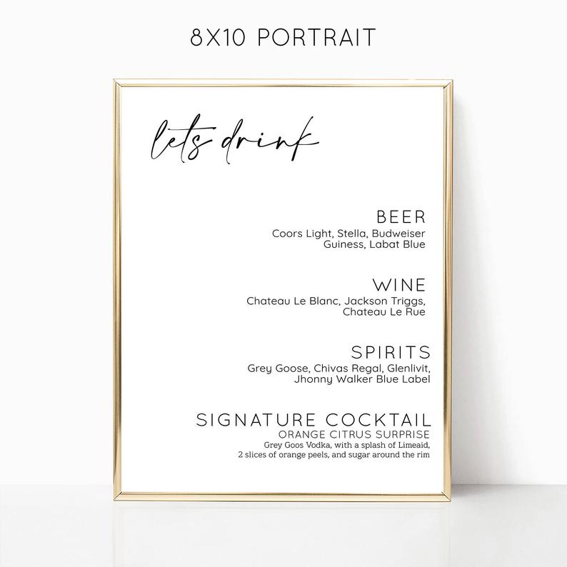 Modern – Wedding Bar Menu Template, Minimalist Bar Menu Wedding Sign, Wedding Drink Sign Printable Template, Bar Menu Wedding, Bar Menu