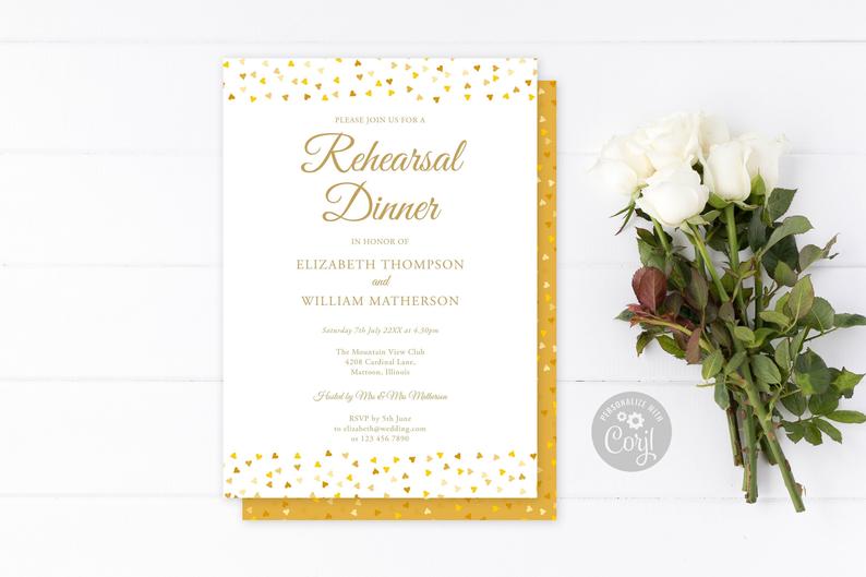 Gold Love Hearts Confetti, Rehearsal Dinner Invitation Template,Wedding Instant Download Editable DIY Printable Invite, Photo, Chic Script