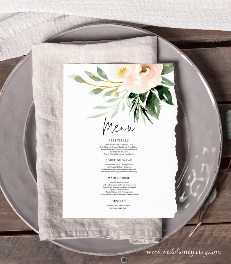 Blush Floral Menu Template, Greenery and Blush, Boho Rustic Wedding, Editable Text with Corjl #BLS049