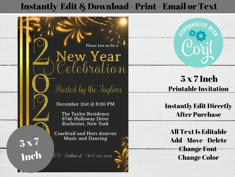 New-Years-Eve Party Invitations, New Years Party Invitation Editable New Years Template Easy Online Edit in Corjl Instant Edit – No Waiting!