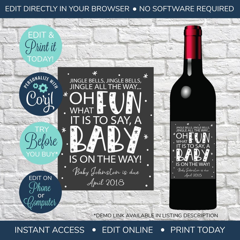 EDITABLE Christmas Pregnancy Announcement Wine Label, Baby Reveal Wine Label, Jingle Bells, Wine Bottle Lables, Baby Announcement Wine Label