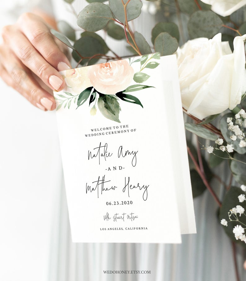 Blush Program Template, Folded Booklet, Modern and Rustic Wedding Ceremony, Try Before You Buy with Corjl #BLS049