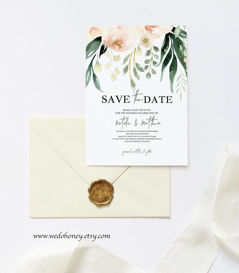 Blush Greenery Save the Date Template, Boho and Rustic Wedding, Fully Editable Text with Corjl #BLS049