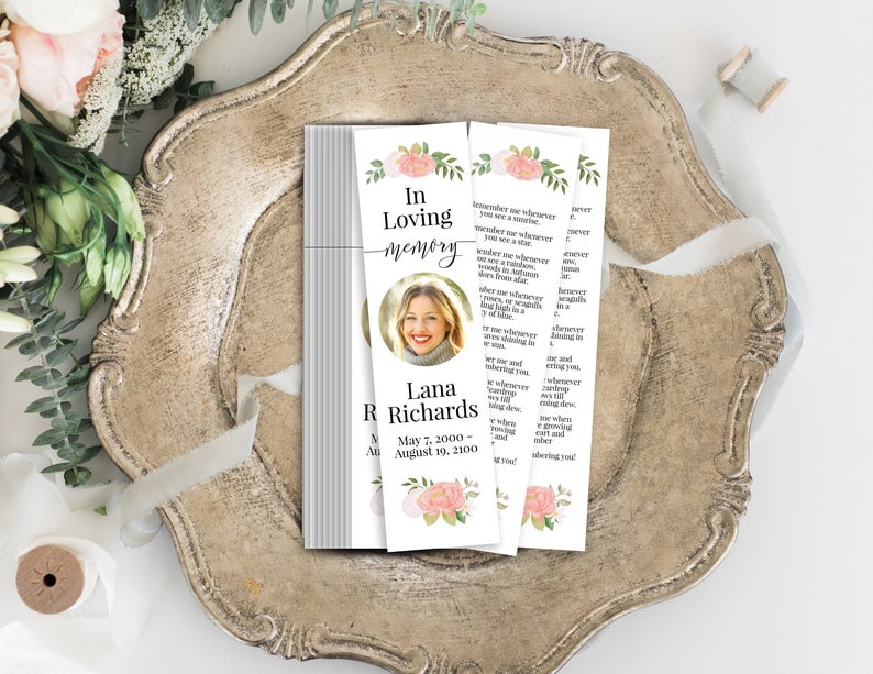 Memorial Bookmark, Celebration of Life, In Loving Memory Funeral Card, Editable Corjl Template CL230