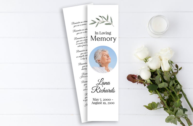 Greenery Memorial Bookmark, Celebration of Life, In Loving Memory Funeral Card, Editable Corjl Template CL800
