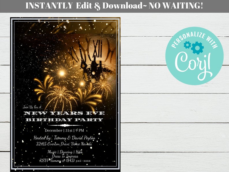 New Years Eve Birthday Party Invitation, Editable New Years Eve Party Invite, Instant Printable Invite, Electronic or Mail Delivery Edit Now