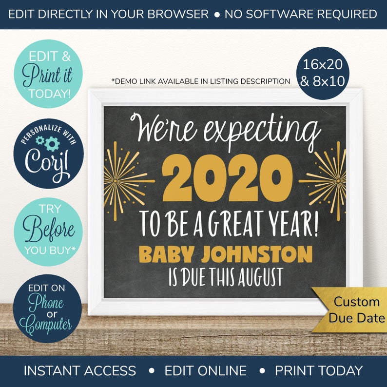 EDITABLE New Year’s Pregnancy Announcement, New Year Pregnancy, New Year, Chalkboard Sign, Photo Prop, We’re expecting, New Years Baby