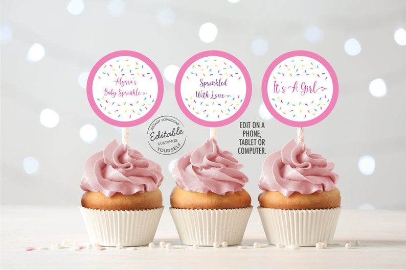 EDITABLE Baby Sprinkle Cupcake Toppers Pink Baby Sprinkle Baby Girl Sprinkle Sprinkled With Love Digital Printable Instant Download A109