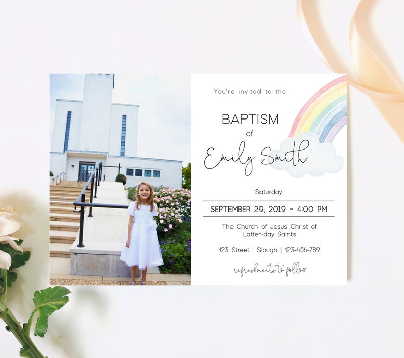 Editable LDS Baptism Invitation Printable, LDS Baptism Invitation, Template Baptism Invite, Rainbow baptism, Editable Template, Corjl, RB01