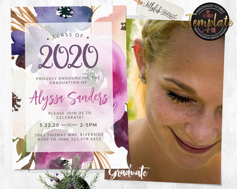 Floral Graduation Invitation | Graduation Announcement | Graduation Party Invite | Template | PRINTABLE | PRINTED | Lilac | Violet | 2020