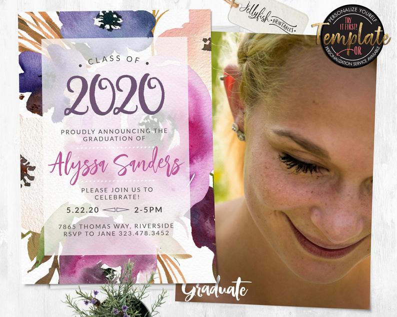 Floral Graduation Invitation | Graduation Announcement | Graduation Party Invite | Template | PRINTABLE | PRINTED | Lilac | Violet | 2020