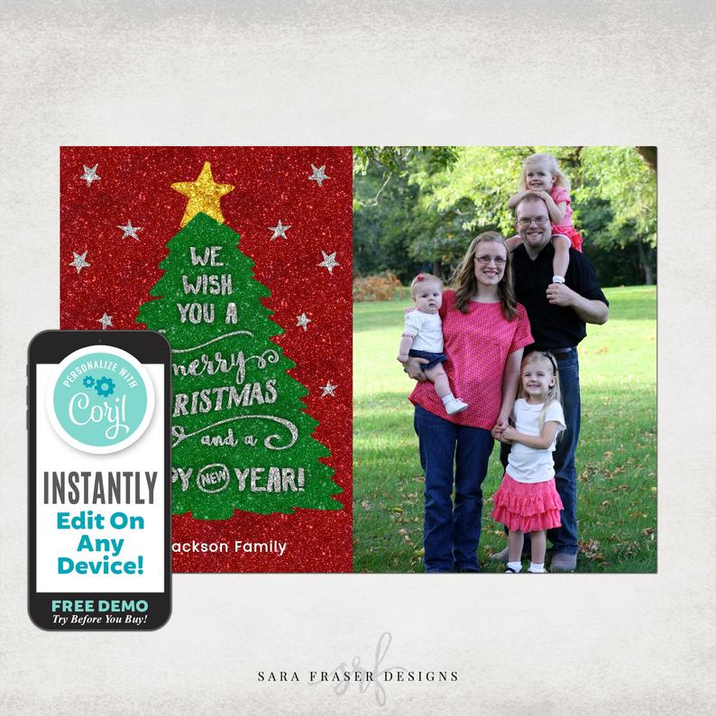 DIY Holiday Greeting Photo Card – Glitter Christmas Tree – Corjl Templett Template – 4×6 5×7 – Instant Download