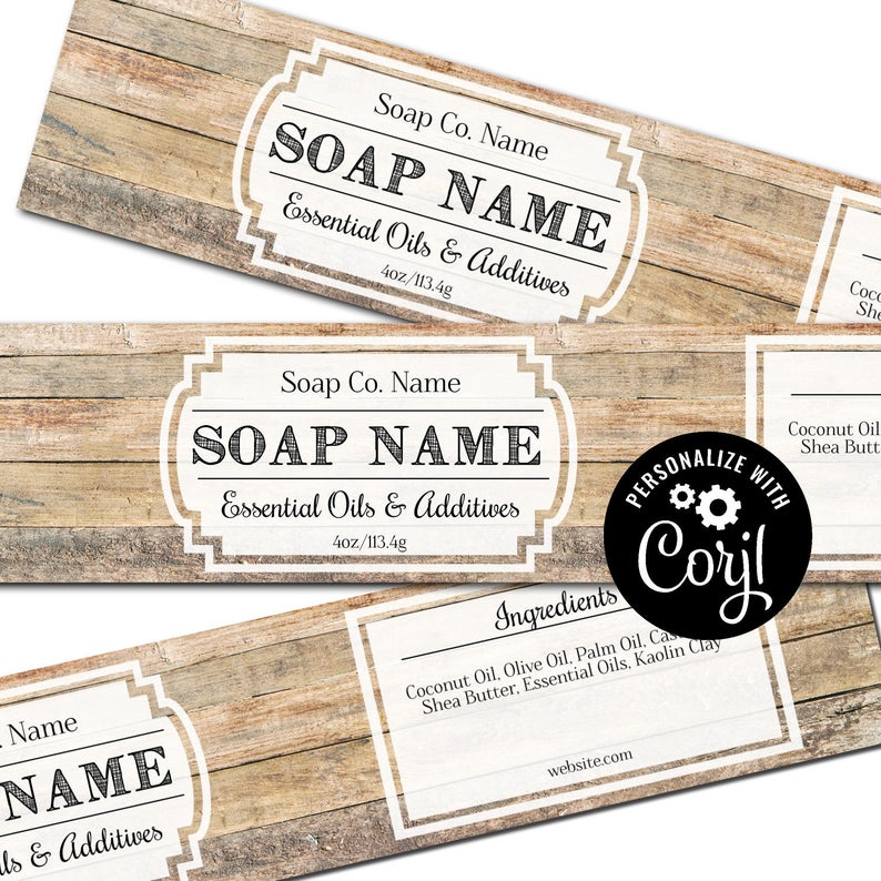 Soap Label Template – Wood Planks. Horizontal Cigar Band Soap Packaging. Wrap Around label. Customize w/ Corjl Online then Download & Print.