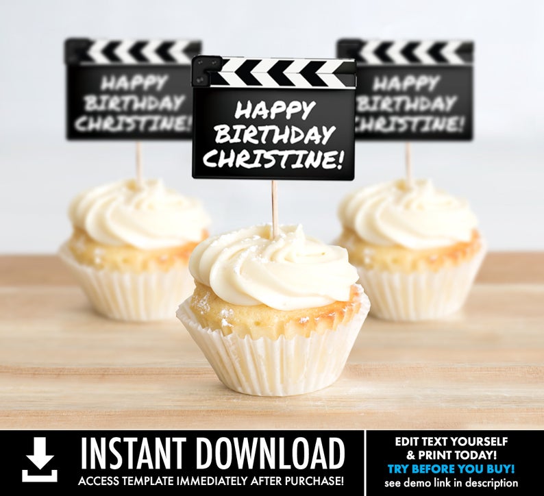Movie Party Cupcake Toppers – Movie Clapper Topper, Movie Night Birthday | Self-Editing with CORJL – INSTANT DOWNLOAD Printable