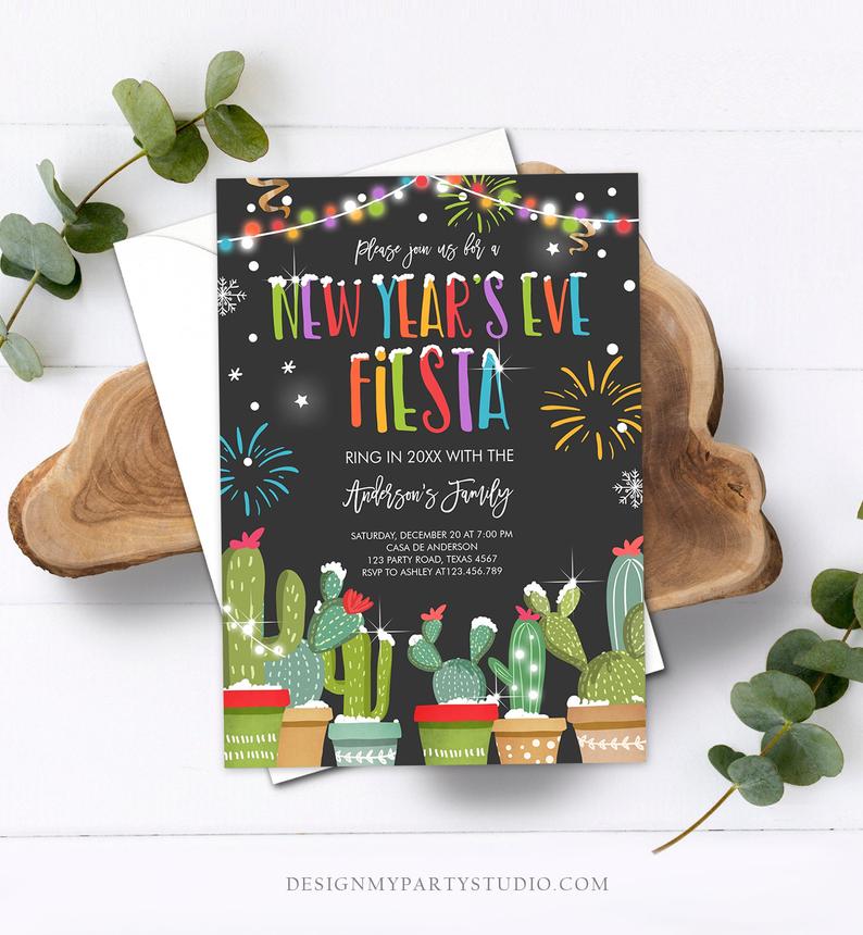 Editable New Years Eve Fiesta Invitation Cactus Mexican New Years Eve Invite Holiday Party New Year’s Download Printable Corjl Template 0273