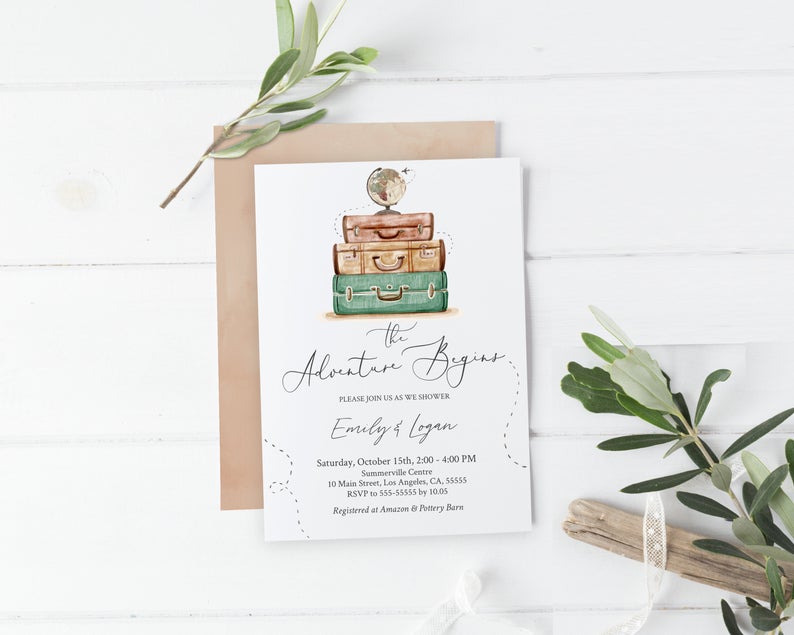 The Adventure Begins Shower Invitation, Printable, Editable Template Corjl, Travel World Watercolor