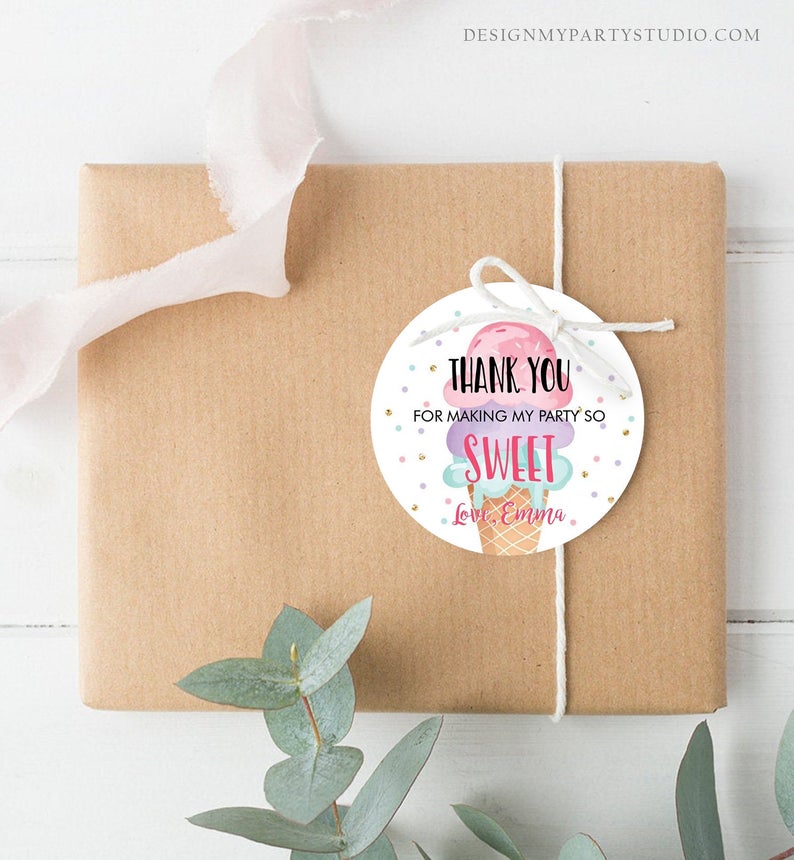 Editable Ice Cream Thank you Tags Round Ice Cream Stickers Ice Cream Birthday Girl Pink Ice Cream Social Favor Tags Template Corjl 0243