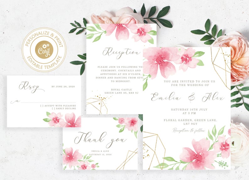 Wedding Invitation set instant download. Corjl Printable, Editable invite suite with gold, pink watercolor flowers. #WS1