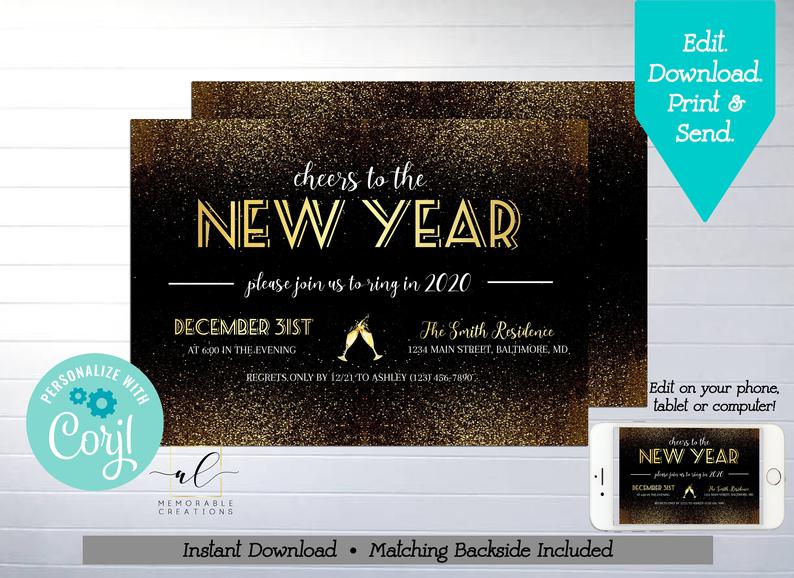 New Year’s Eve Party Printable Invitation, Edit Yourself Gold Confetti New Years Invite, Instant Download Black Gold New Years Eve Party