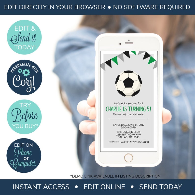 EDITABLE Soccer birthday invitation, boys soccer birthday invitation, soccer theme, boys soccer party, soccer ball, sports invitation