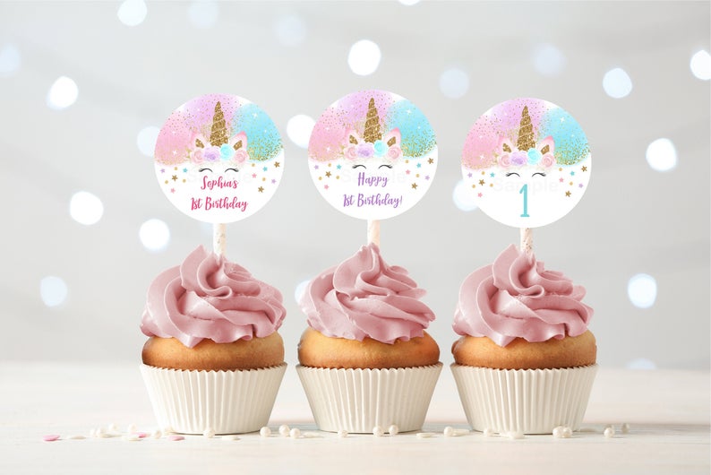 EDITABLE Unicorn Birthday Cupcake Toppers Unicorn Birthday Party Pink & Gold Unicorn Floral Unicorn Printable Instant Download Corjl A451