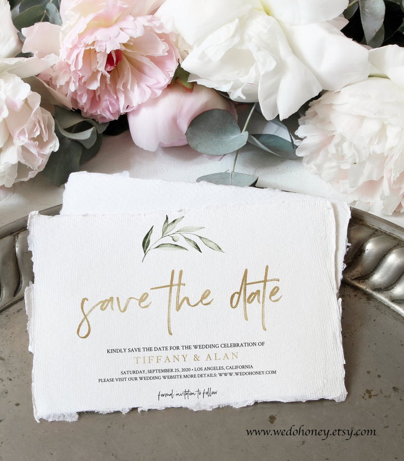 Gold Save The Date Template, Green and Gold Wedding, Modern Ceremony, Try Before You Buy with Corjl #201
