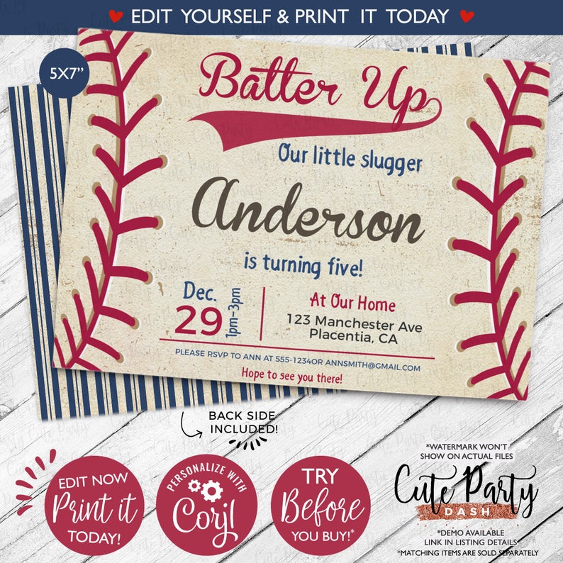 INSTANT DOWNLOAD – EDITABLE Baseball Birthday Party Vintage invitations Baseball Birthday corjl invitations Printable Baseball Invite