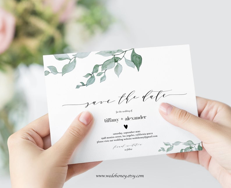 Greenery Save The Date Template, Modern and Rustic Ceremony, Wedding Date Card, Editable Text, Try Before You Buy with Corjl #078