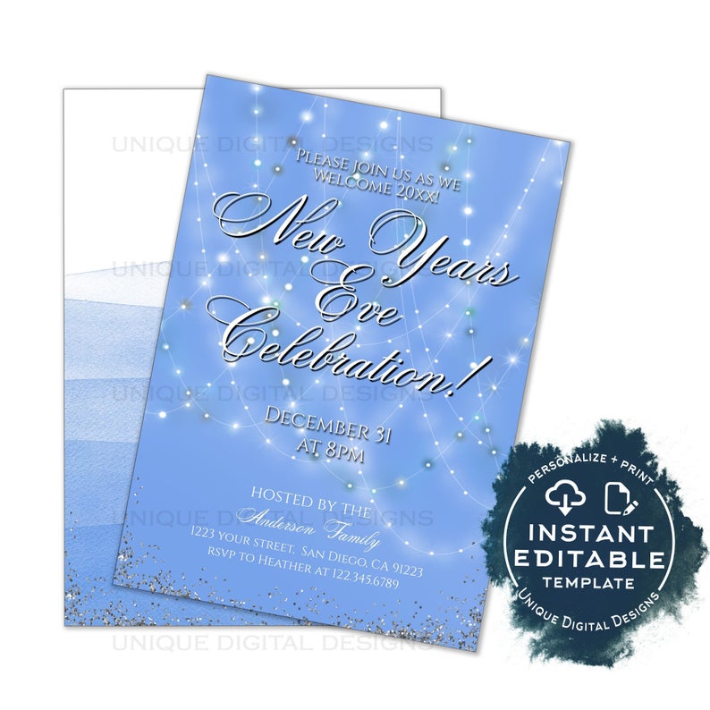 Editable New Years Eve Invitation, New Year Celebration Invite, New Years Eve 2020 Party, Champagne Printable Personalized INSTANT ACCESS