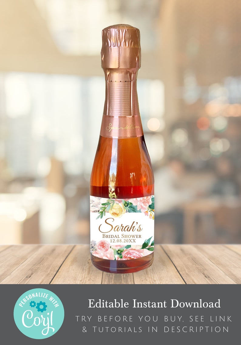 Printable Blush & Gold Mini Champagne label, mini wine label, bridal shower favour, editable digital instant download, b03