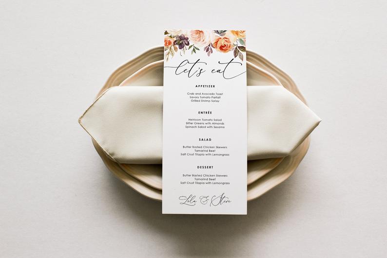 Blush Peony Wedding Menu Template, DIY Let’s Eat Floral Menu Design Calligraphic Wedding Menu Let’s Eat Menu Corjl Wedding Menu card MN006 L