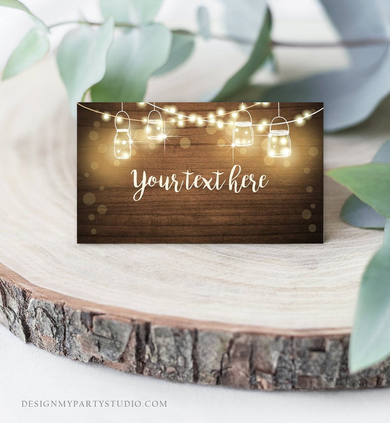 Editable Rustic Wood Food Label String Lights Mason Jars Table Tent Card Escort Card Buffet Wedding Bridal Baby Shower Corjl Template 0015