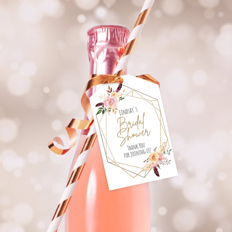 Editable Bridal Shower Thank You Tags Mini Wine Champagne Bottle Favor Wedding Pink Floral Gold Confetti Corjl Template, Instant Download