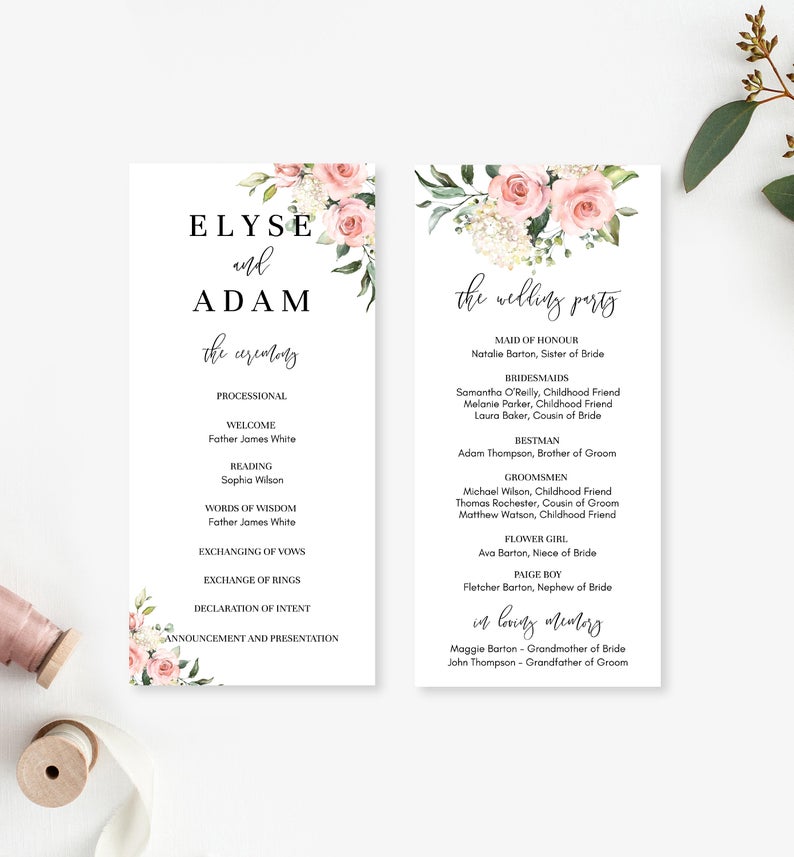 Printable Blush Floral Wedding Program Template – Editable Wedding Service Program – Order of Ceremony – DIY Wedding Stationery Darcy