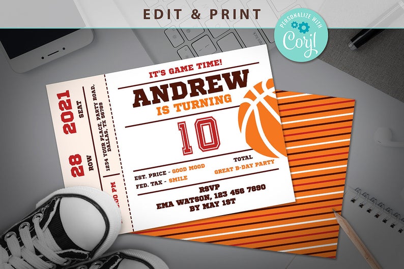 Basketball Birthday Invitation, Birthday Sport Invitation, Printable Basketball Invitation, Editable Party Template, Instant Download, Corjl