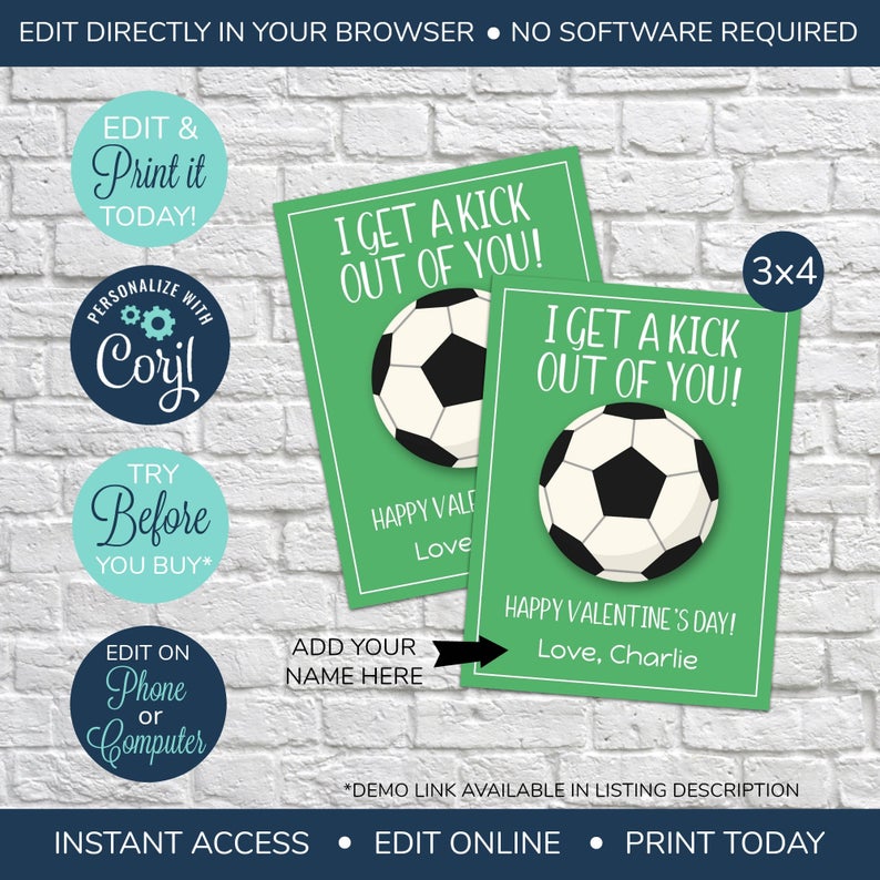 EDITABLE Classroom Valentine’s Day Cards, I Get a Kick Out of You, Soccer Valentine Card, Sports valentine, Kids Valentine’s Day Card