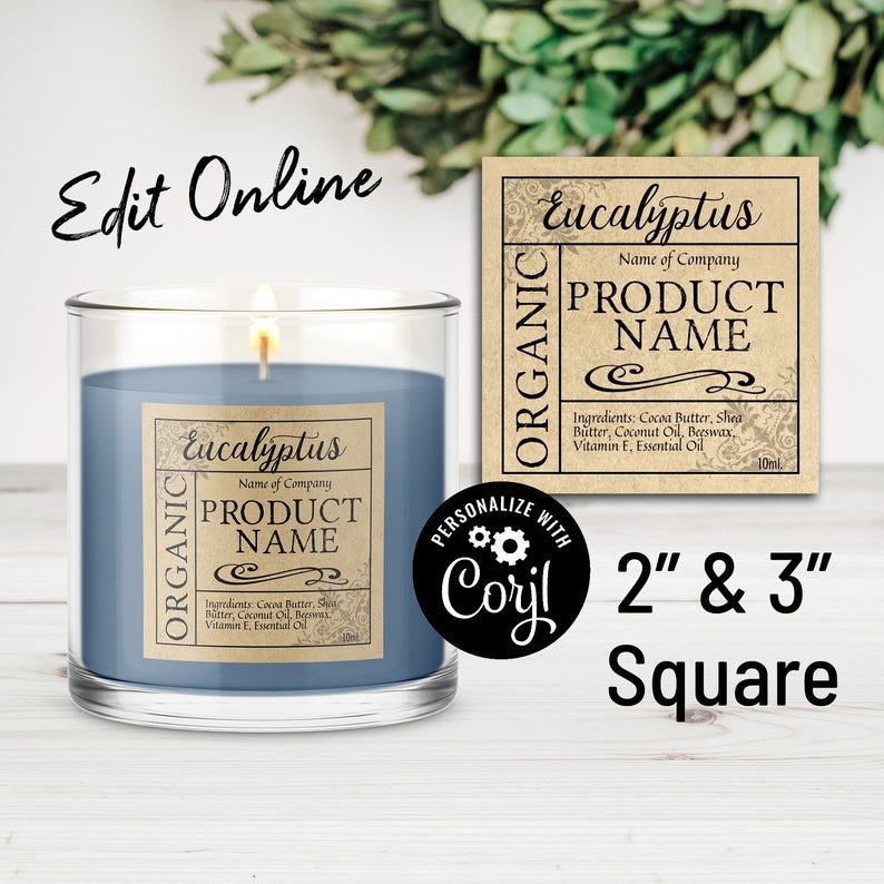 Apothecary 2″ and 3″ Custom Square Product Labels for Jars, Gifts, Favors, Candle Packaging. Personalized Online w/ Corjl. Download & Print