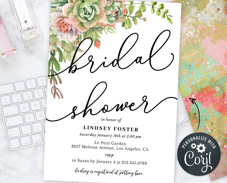 Bridal Shower Invitation, Succulents Invitation, Plants Floral Invitation, Bridal Shower Invite, INSTANT DOWNLOAD Personalize Editable